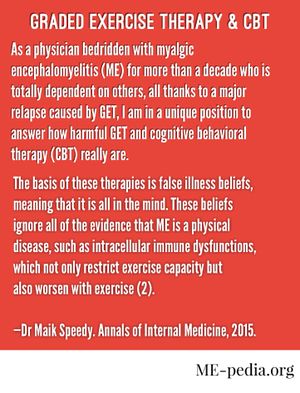 Graded exercise therapy and CBT. "As a physician bedridden with myalgic encephalomyelitis (ME) for more than a decade who is totally dependent on others, all thanks to a major relapse caused by GET, I am in a unique position to answer how harmful GET and cognitive behavioral therapy (CBT) really are. The basis of these therapies is false illness beliefs, meaning that it is all in the mind. These beliefs ignore all of the evidence that ME is a physical disease, such as intracellular immune dysfunctions, which not only restrict exercise capacity but also worsen with exercise (2)." - Maik Speedy (2015). Annals of Internal Medicine.