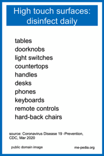 High-touch surfaces: disinfect daily. Tables, doorknobs, light switches, countertops, handles, desks, phones keyboards, remote controls, toilets, faucets, sinks, hard-backed chairs. Source: Coronavirus disease 19 Prevention - CDC, March 2020. Public domain image.