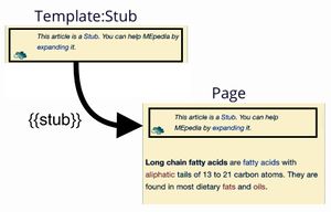 Two files shown, a Template:Stub (on the left) contains a cloud image and a short message. The fatty acids page (on the right) includes the stub, so it also shows the cloud image and the short message.