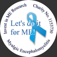 Invest in ME Research round logo with Let's Do It for ME over the blue ribbon in the center